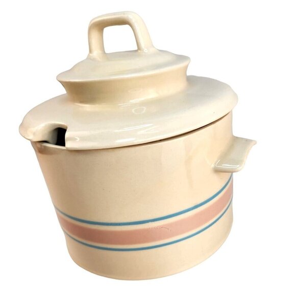 McCoy Pottery Blue Stripe Pink Band Bean Pot Casserole Dish Spoon Divot 0164 - Picture 12 of 16